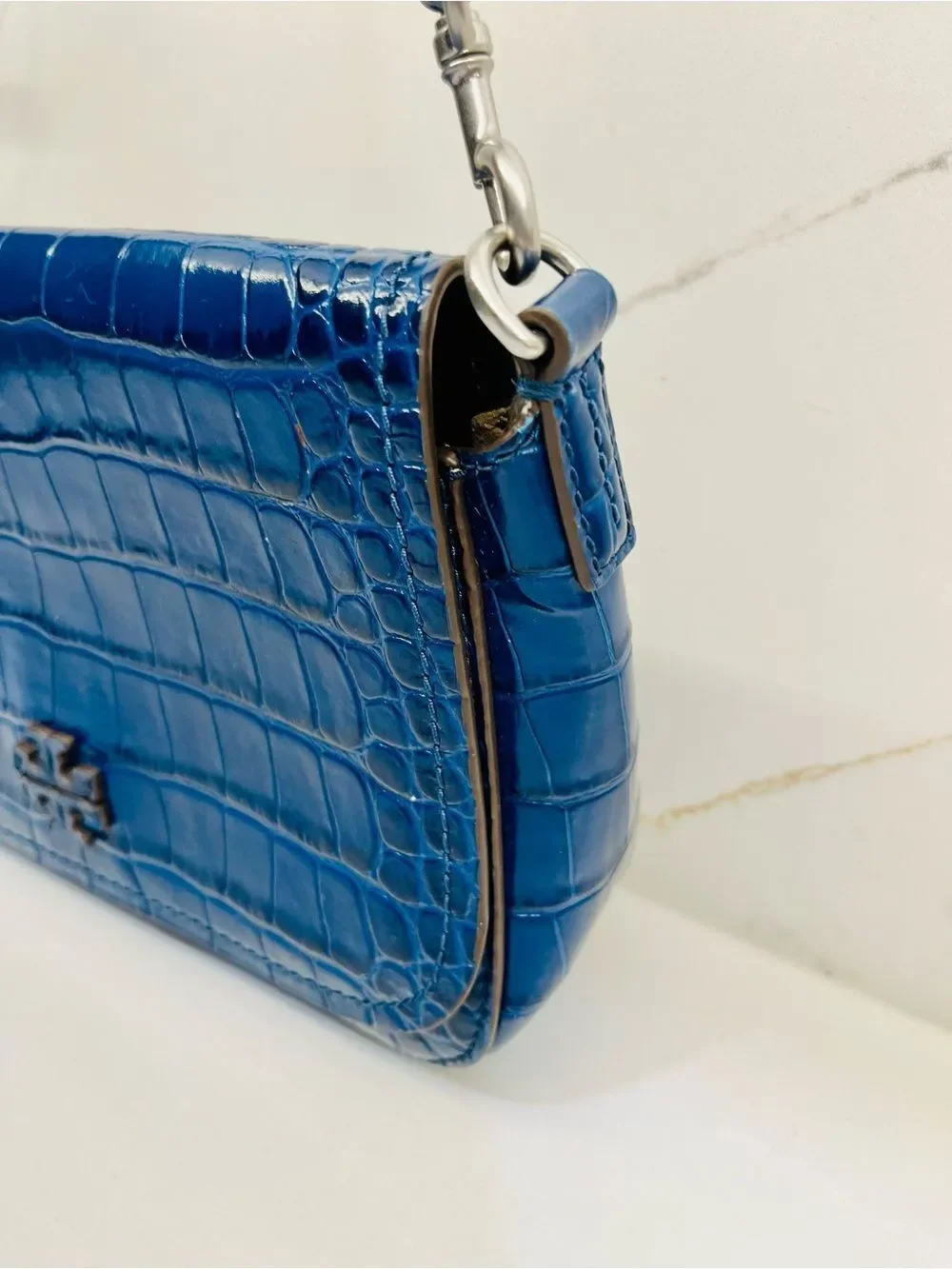 Tory Burch Thea Croc-Embossed Leather Flap Crossbody Bag Adjustable Straps
